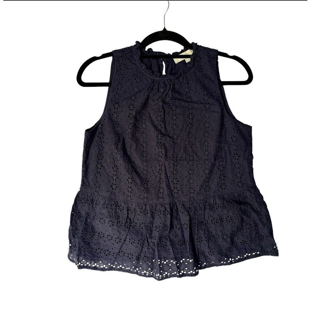 Loft Navy Blue Eyelet Peplum Sleeveless Blouse Women's Medium Ruffle Neck Top